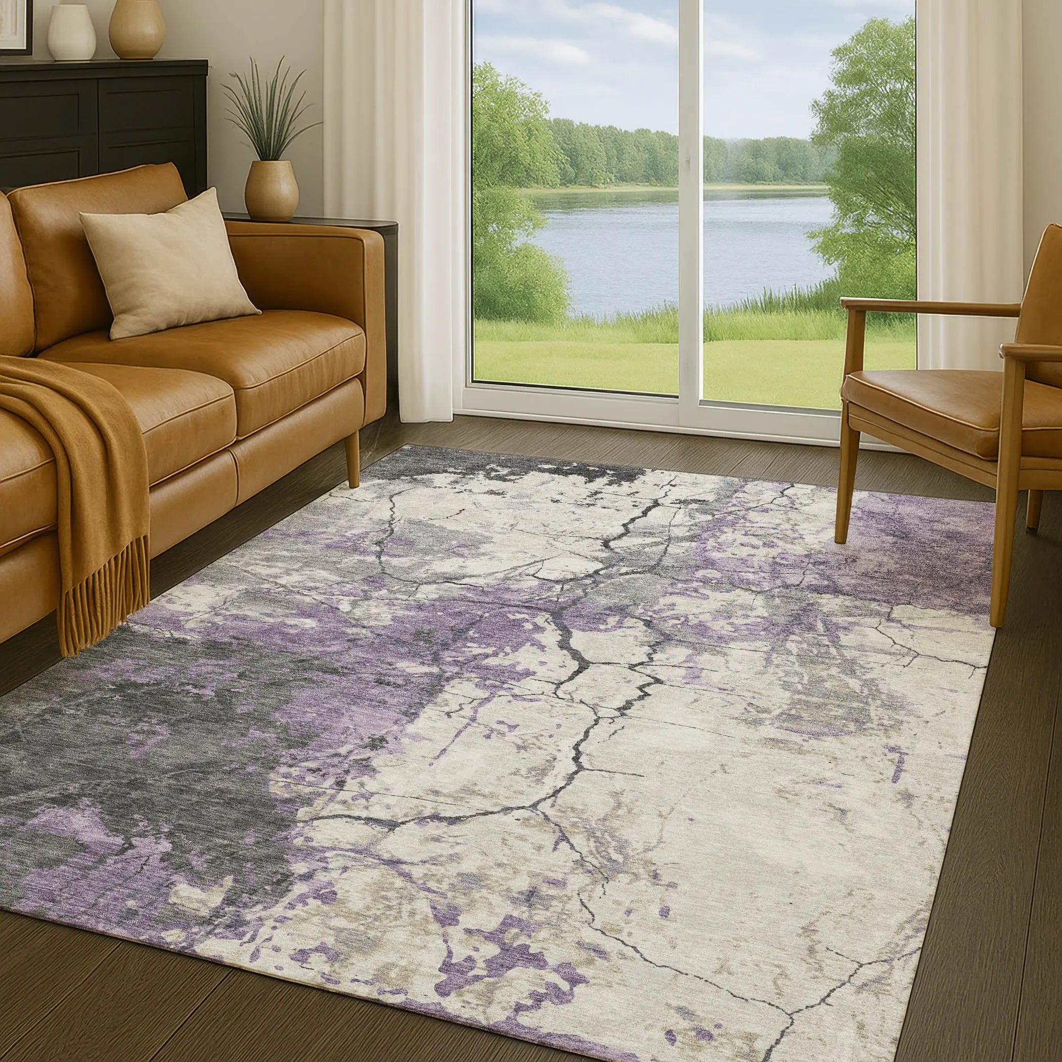 8' X 10' Lavender And Plum Abstract Washable Indoor Outdoor Area Rug Homeroots Outdoor