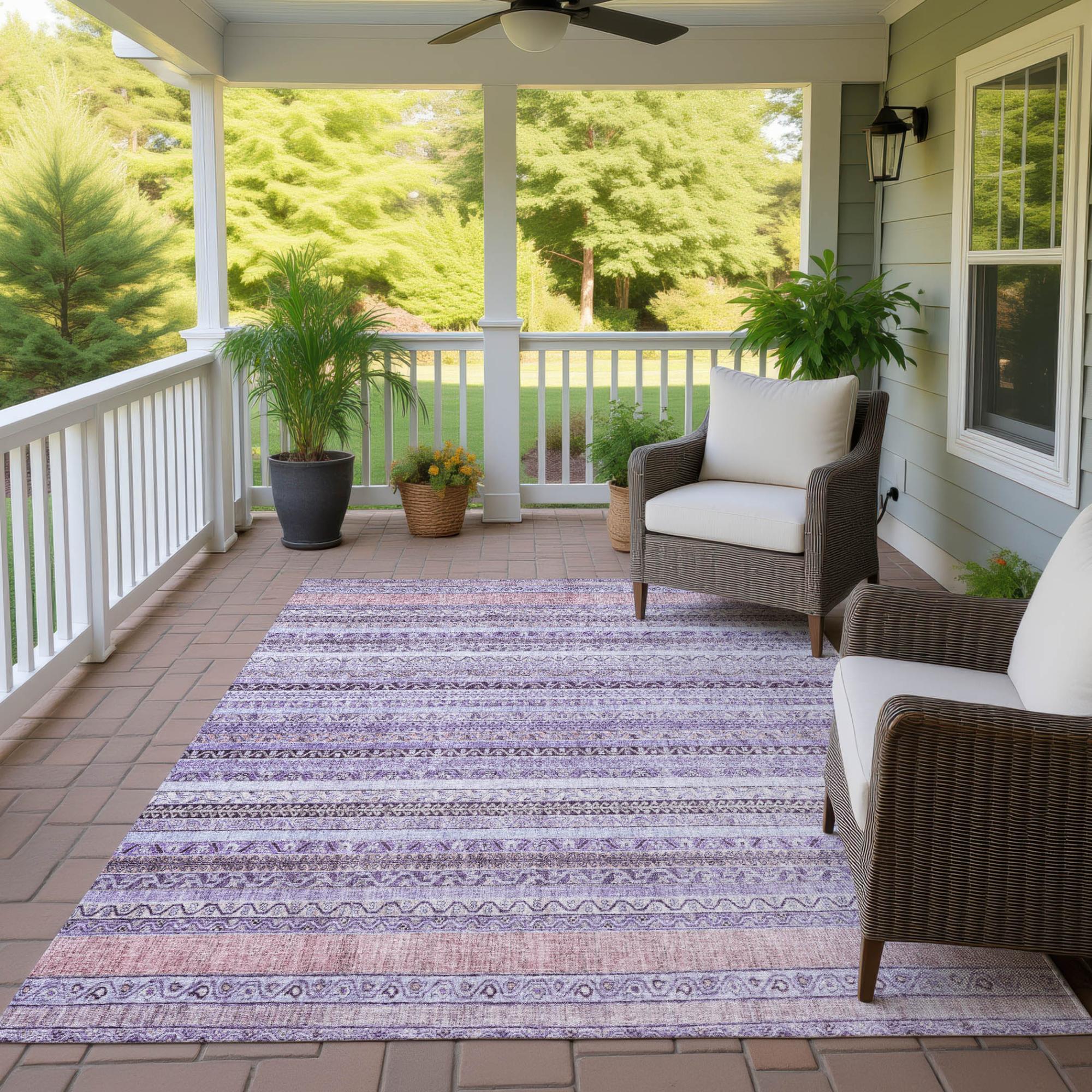 8' X 10' Lavender And Purple Striped Washable Indoor Outdoor Area Rug Homeroots Outdoor