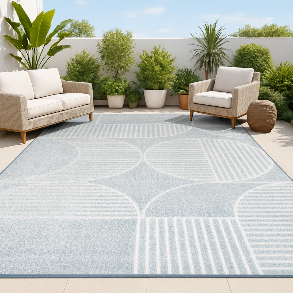 8' X 10' Light Blue And Cream Striped Indoor Outdoor Area Rug - GreatEagleInc
