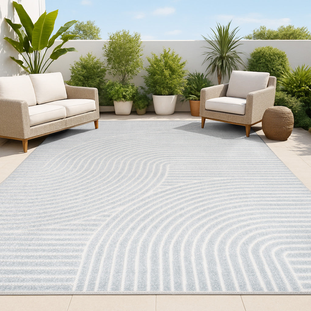 8' X 10' Light Blue And Cream Striped Indoor Outdoor Area Rug - GreatEagleInc