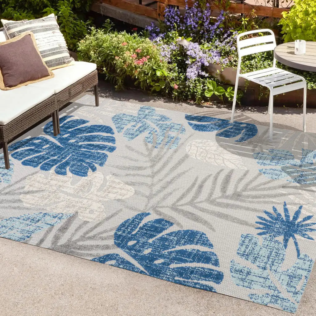 8' X 10' Light Gray And Navy Blue Floral Indoor Outdoor Area Rug Homeroots Outdoor