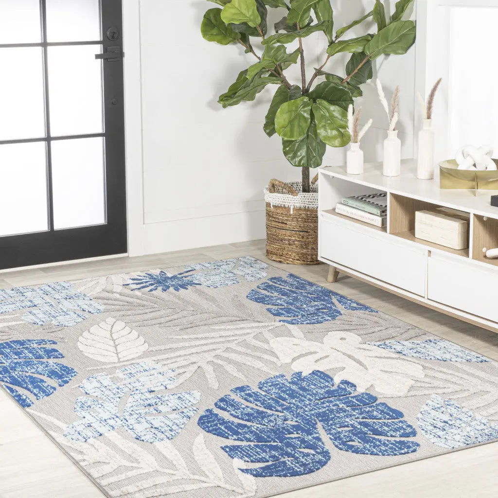 8' X 10' Light Gray And Navy Blue Floral Indoor Outdoor Area Rug Homeroots Outdoor