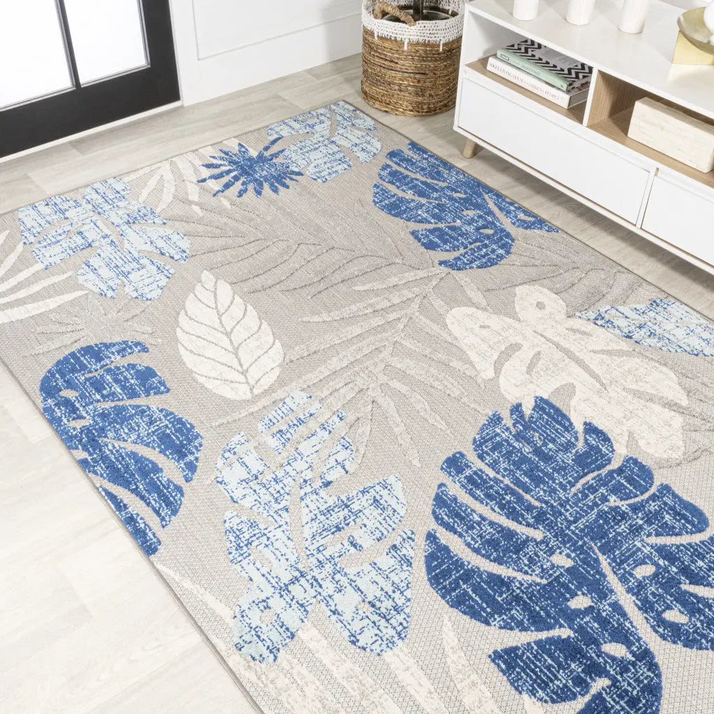 8' X 10' Light Gray And Navy Blue Floral Indoor Outdoor Area Rug Homeroots Outdoor