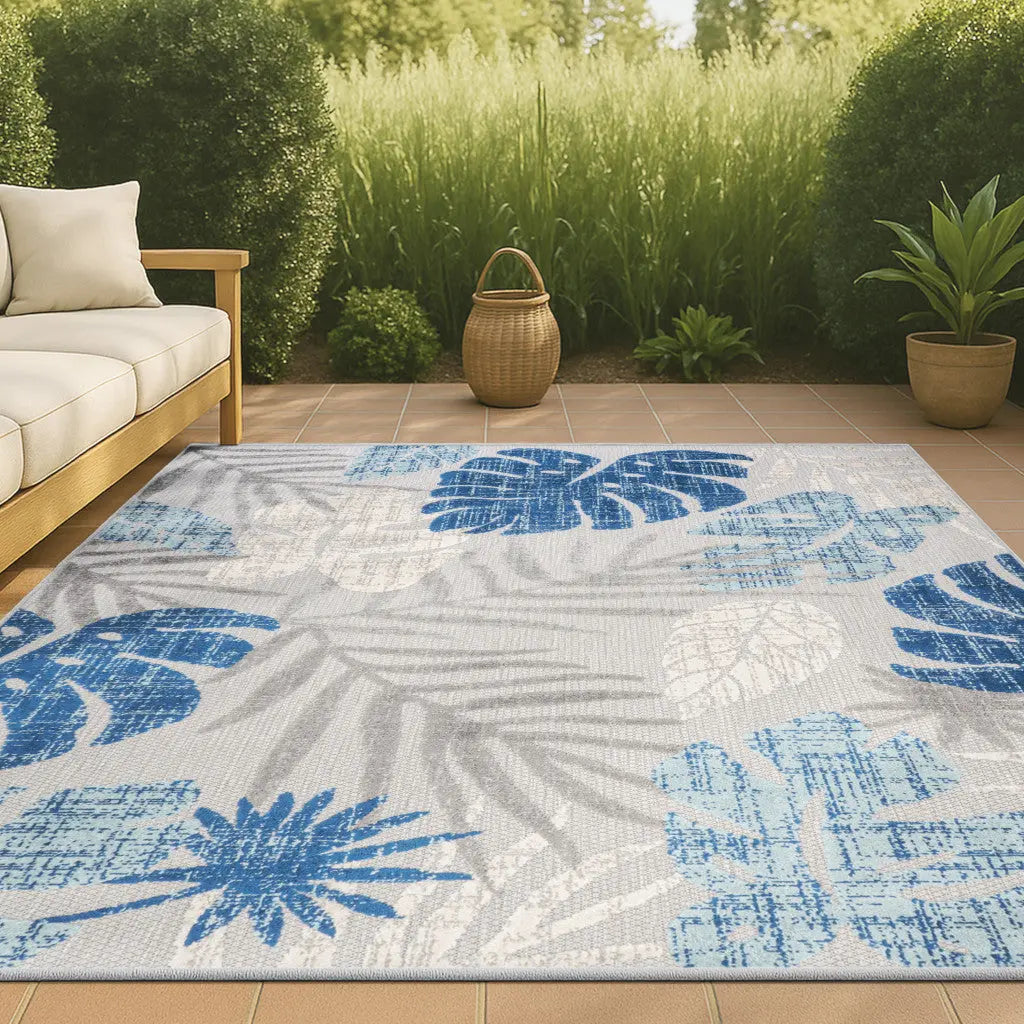 8' X 10' Light Gray And Navy Blue Floral Indoor Outdoor Area Rug Homeroots Outdoor