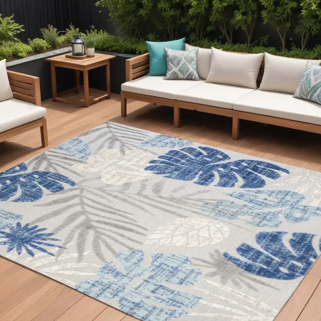 8' X 10' Light Gray And Navy Blue Floral Indoor Outdoor Area Rug Homeroots Outdoor