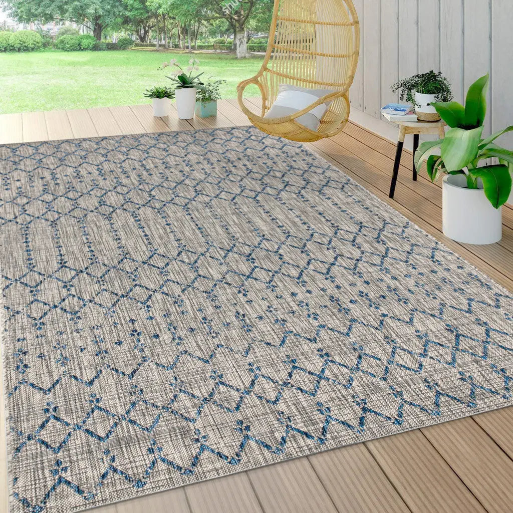 8' X 10' Light Gray And Navy Blue Trellis Indoor Outdoor Area Rug Homeroots Outdoor