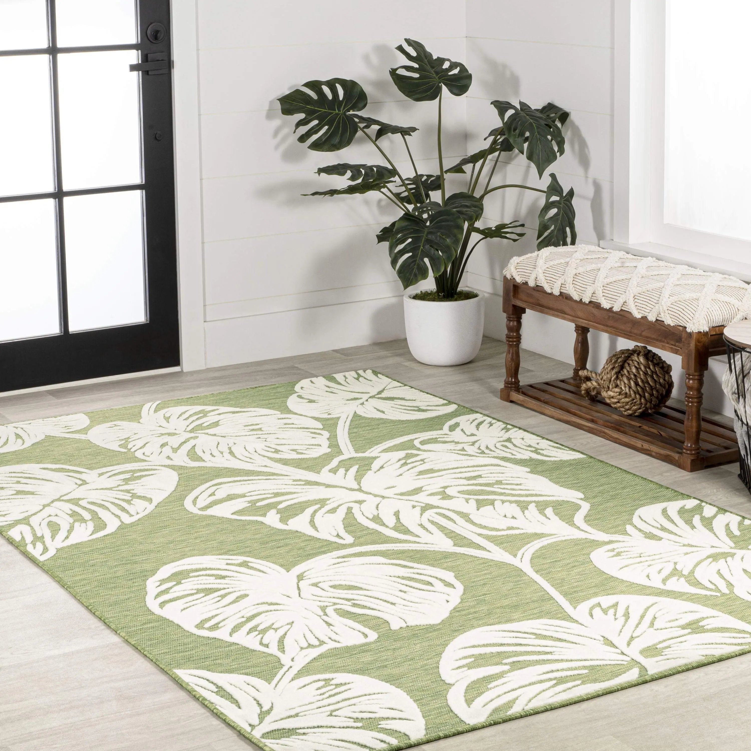 8' X 10' Light Green And Ivory Floral Indoor Outdoor Area Rug - GreatEagleInc