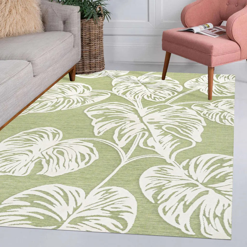 8' X 10' Light Green And Ivory Floral Indoor Outdoor Area Rug - GreatEagleInc