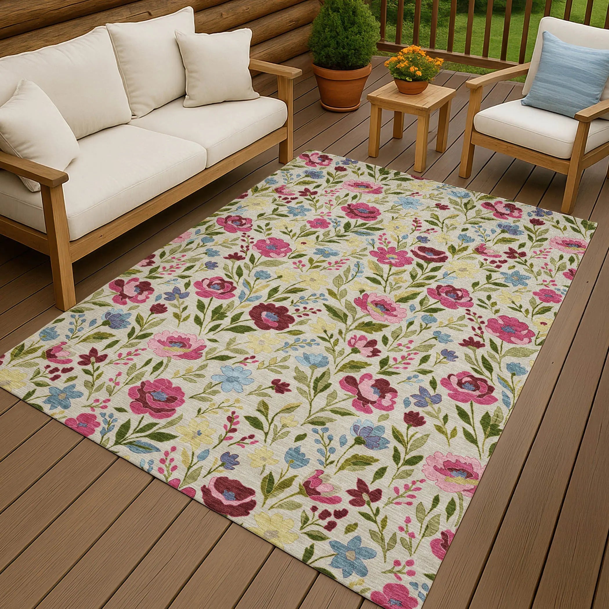 8' X 10' Linen And Blush Floral Washable Indoor Outdoor Area Rug Homeroots Outdoor