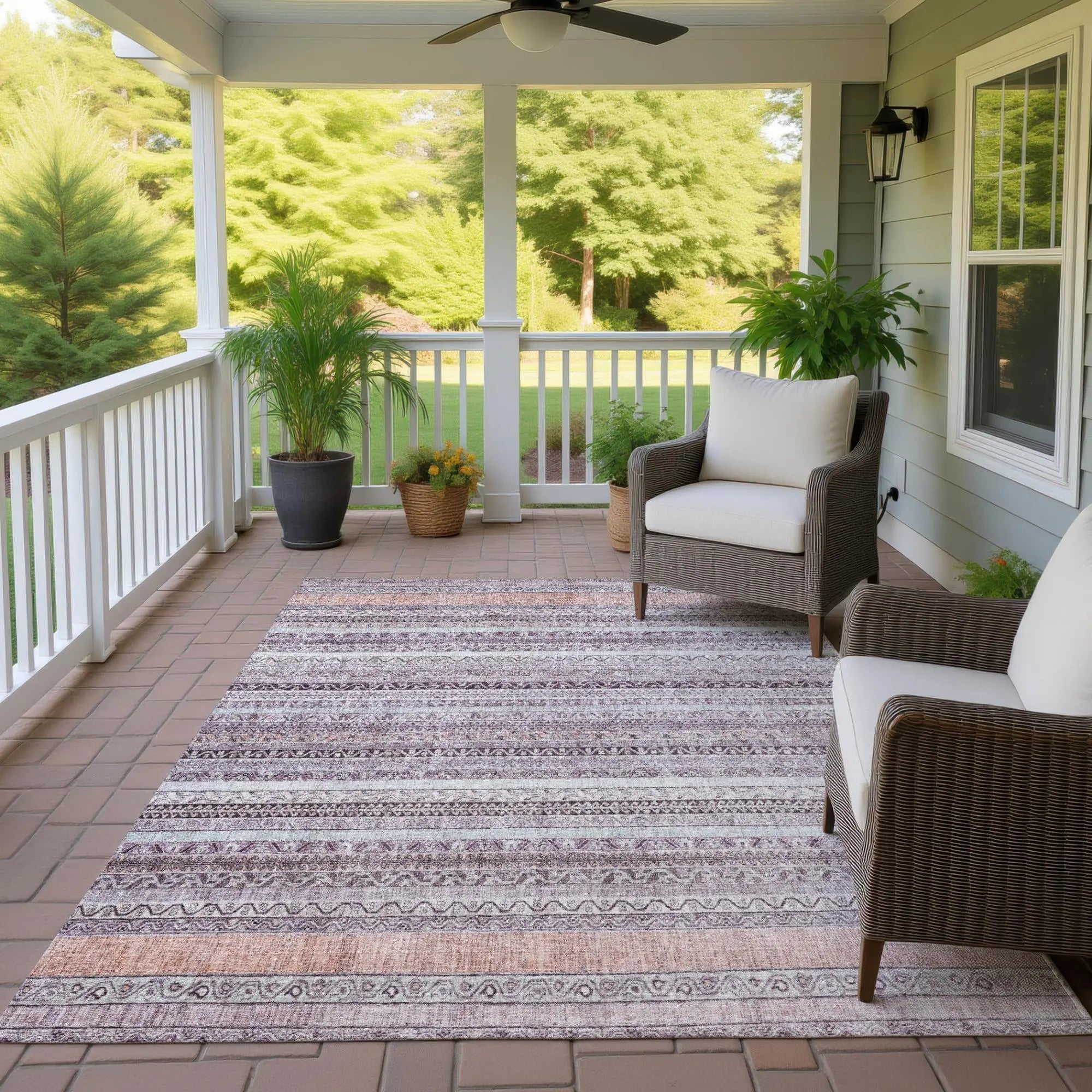 8' X 10' Mauve And Pink Striped Washable Indoor Outdoor Area Rug Homeroots Outdoor