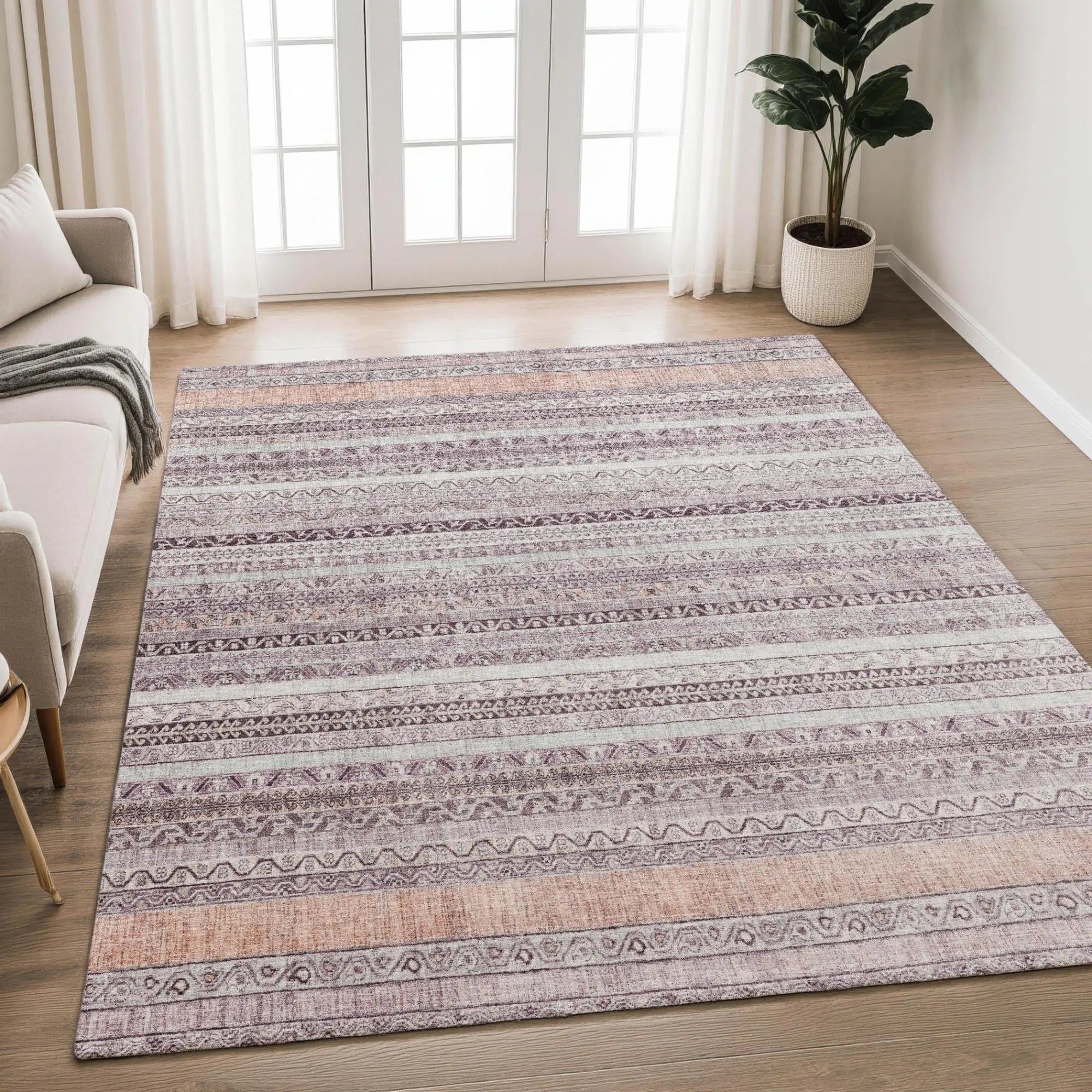 8' X 10' Mauve And Pink Striped Washable Indoor Outdoor Area Rug Homeroots Outdoor