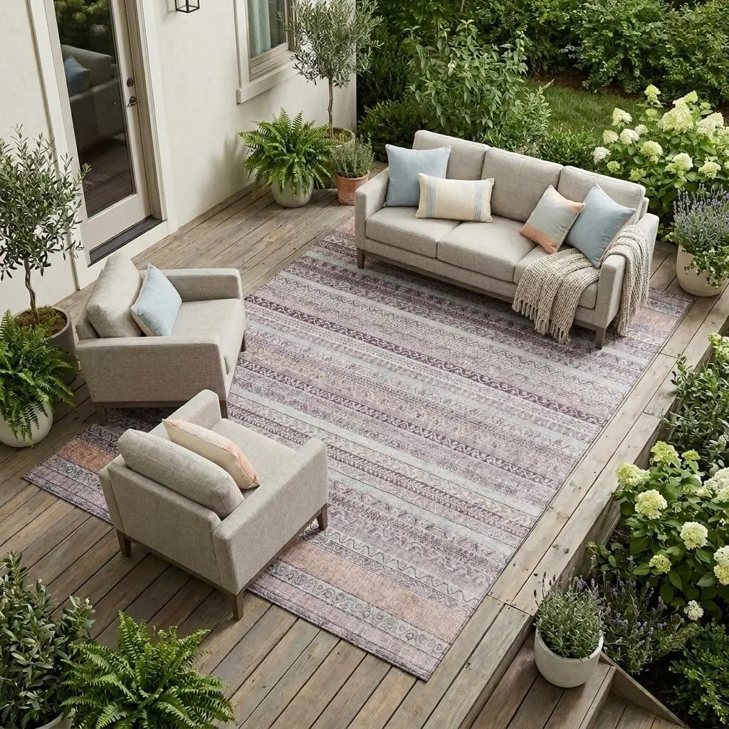 8' X 10' Mauve And Pink Striped Washable Indoor Outdoor Area Rug Homeroots Outdoor