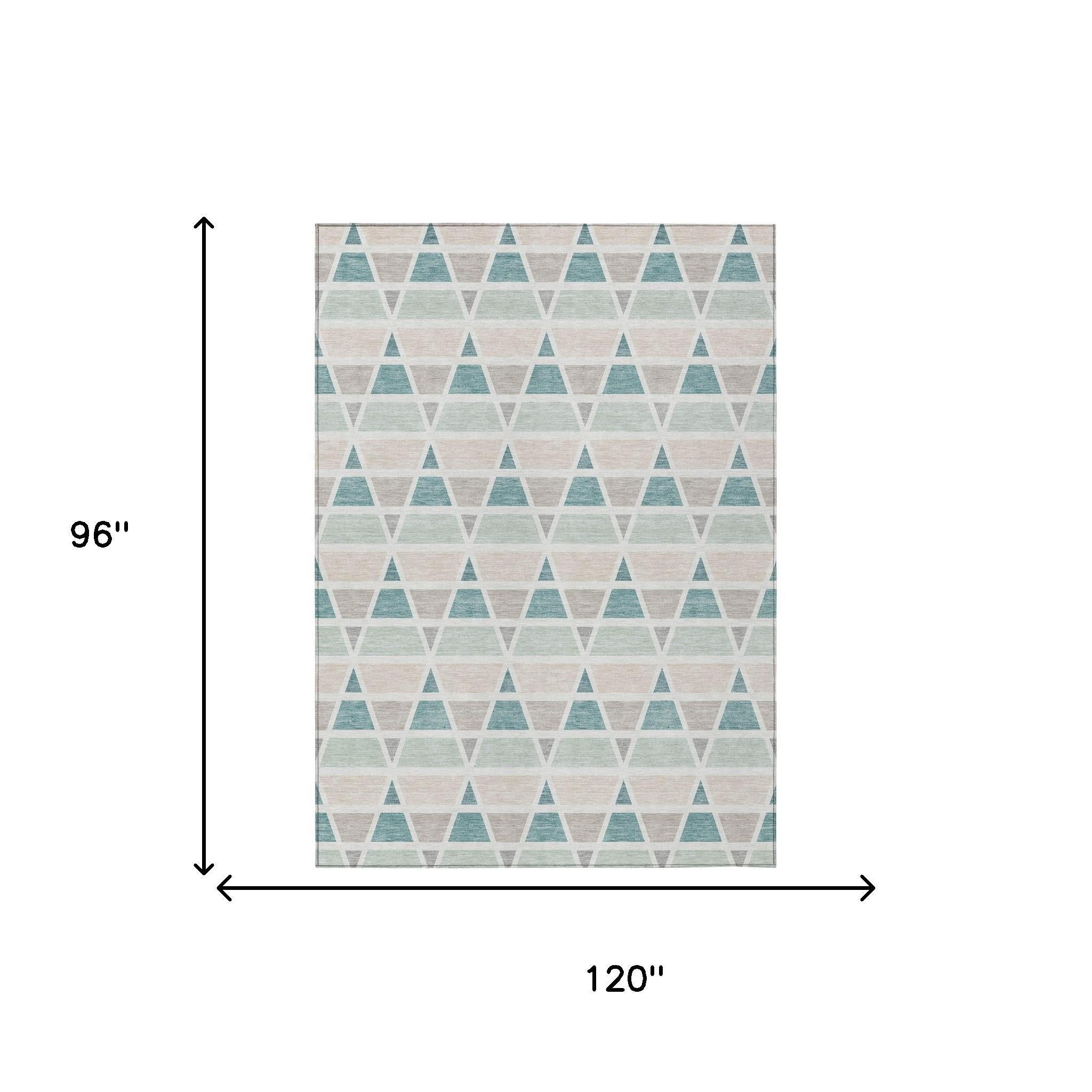 Blue and mint geometric triangle area rug, 96" x 120", soft woven fabric, modern style for contemporary decor.
