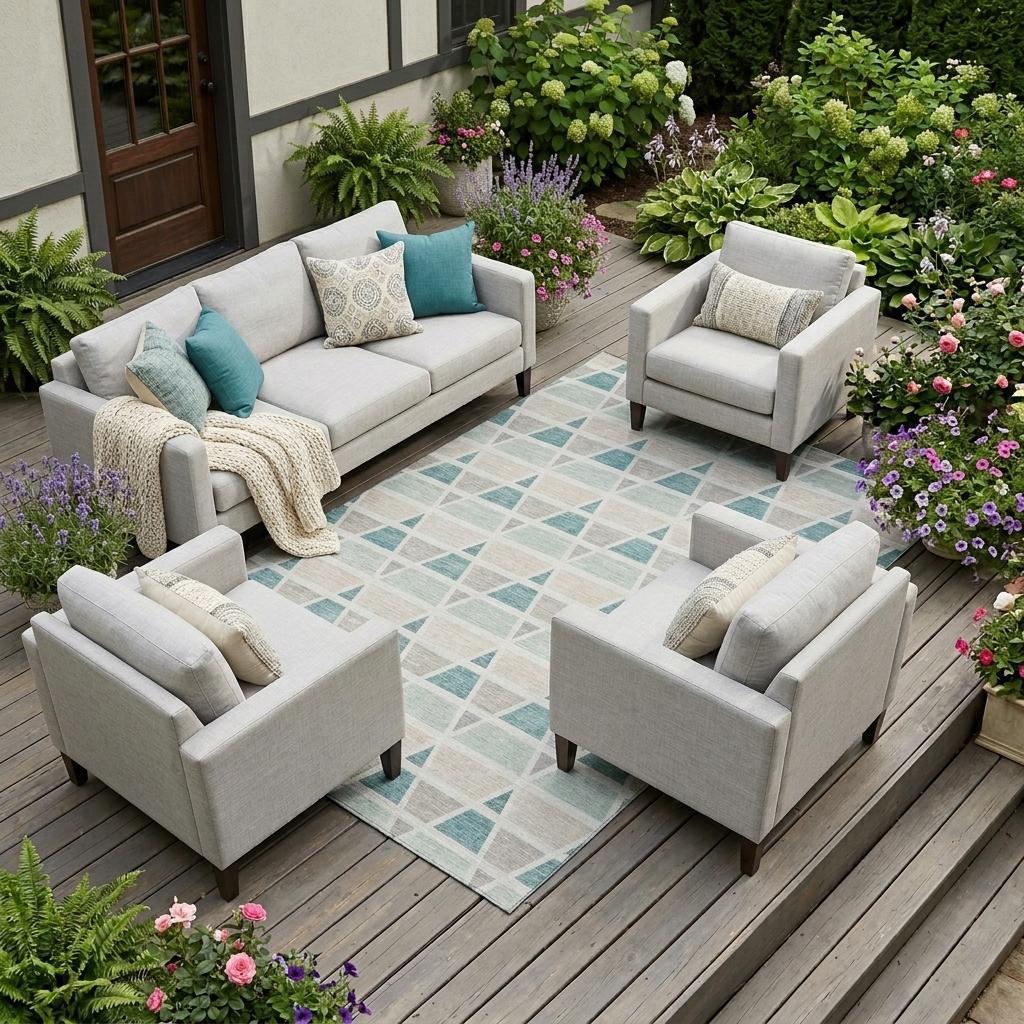 Light gray outdoor sofa and armchairs with teal accents on a geometric rug, surrounded by vibrant flowers in a garden setting.
