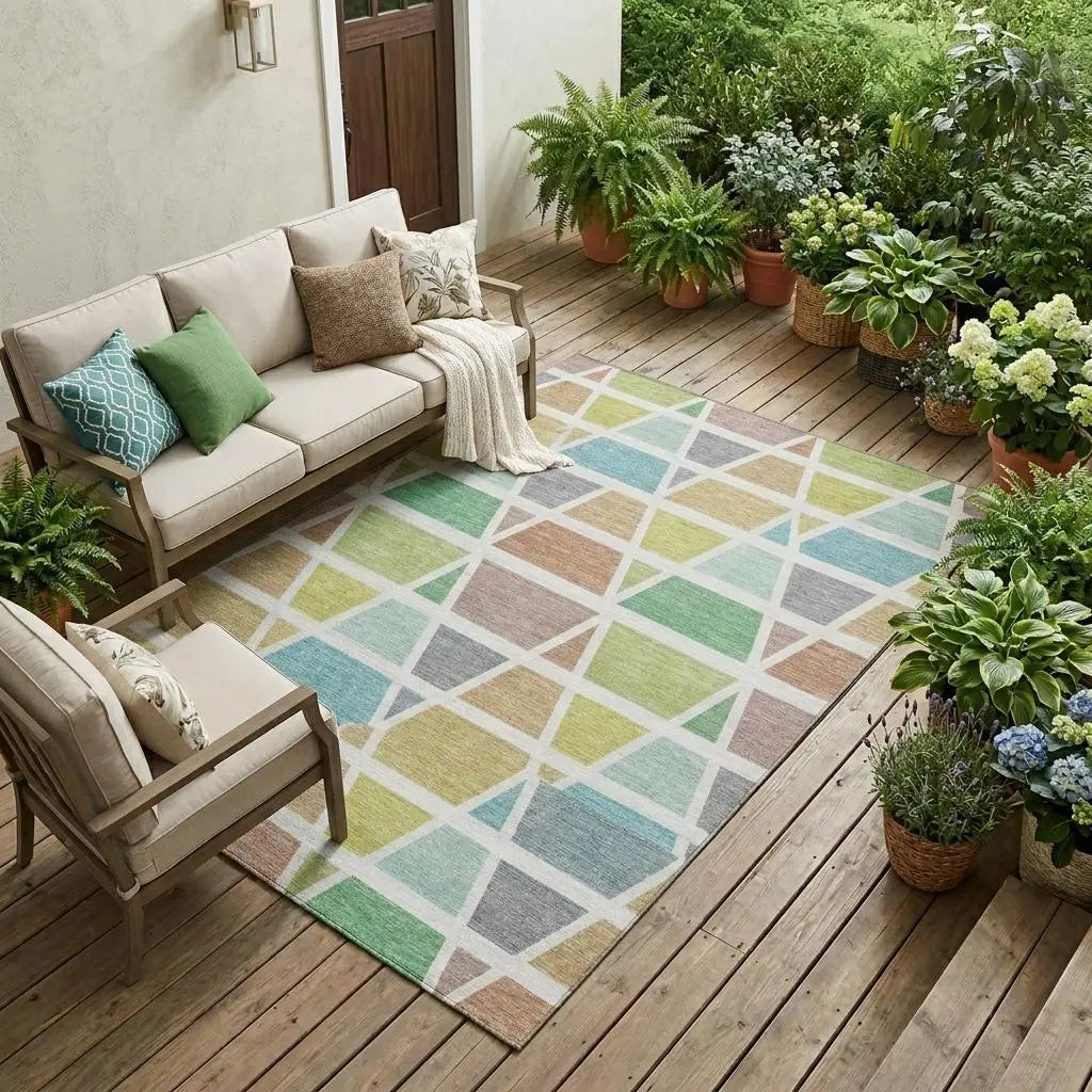 8' X 10' Mint Green And Green Geometric Washable Indoor Outdoor Area Rug Homeroots Outdoor