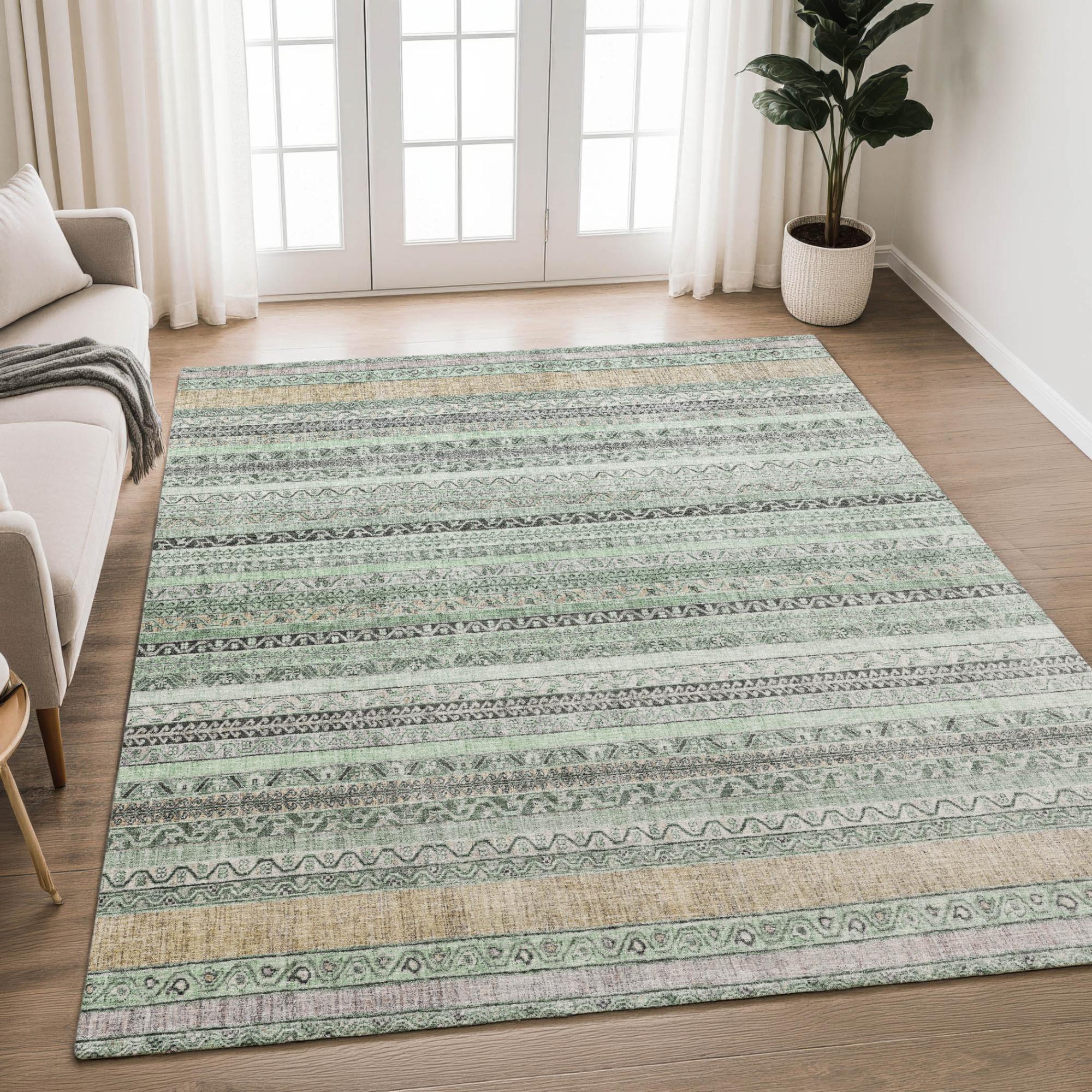 8' X 10' Mint Green And Green Striped Washable Indoor Outdoor Area Rug Homeroots Outdoor