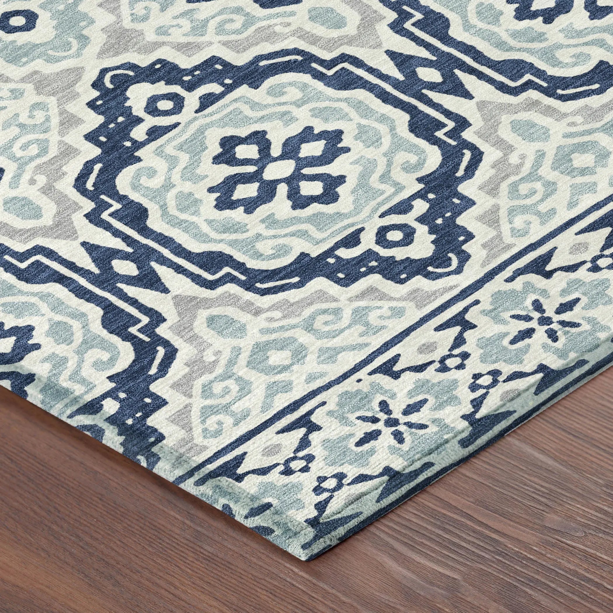 8' X 10' Navy Blue And Aqua Tribal Washable Indoor Outdoor Area Rug Homeroots Outdoor