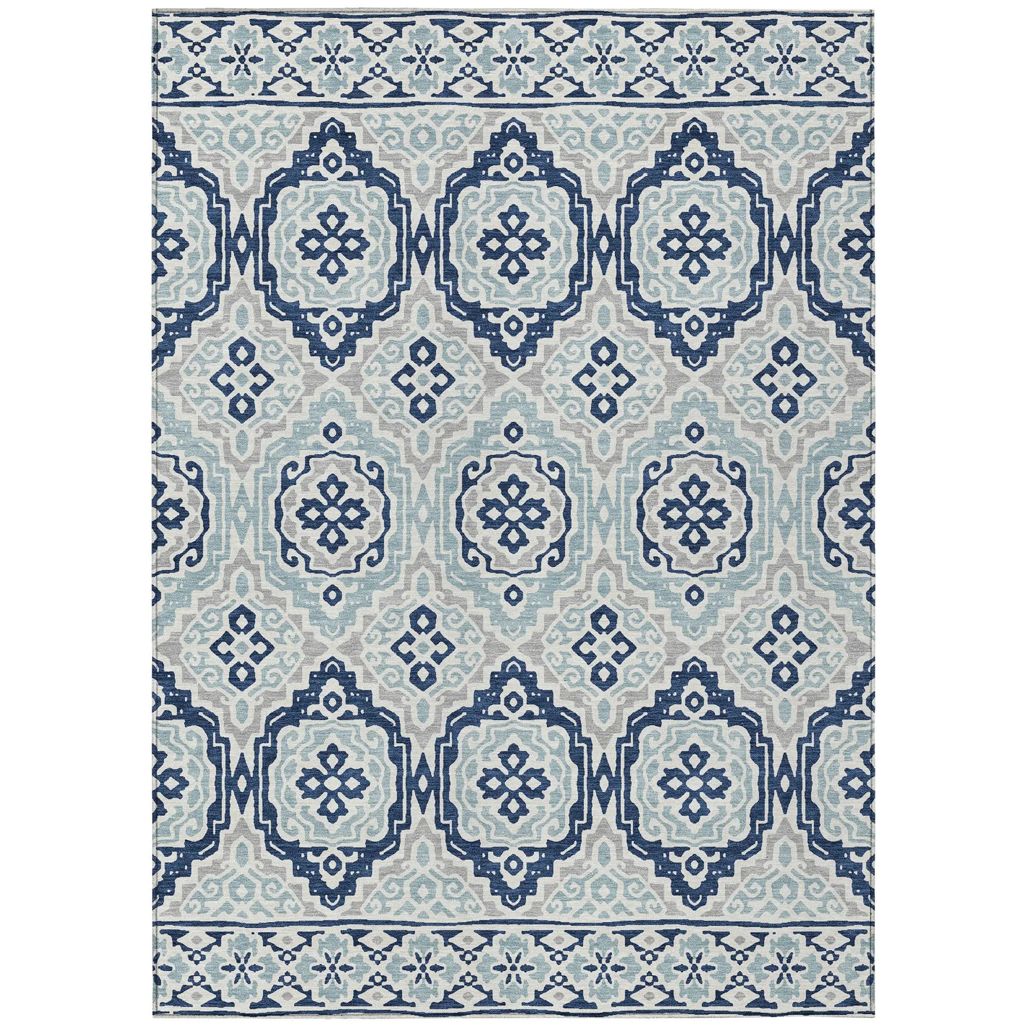 8' X 10' Navy Blue And Aqua Tribal Washable Indoor Outdoor Area Rug Homeroots Outdoor