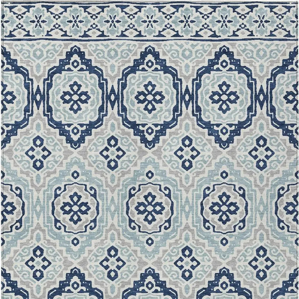 8' X 10' Navy Blue And Aqua Tribal Washable Indoor Outdoor Area Rug Homeroots Outdoor