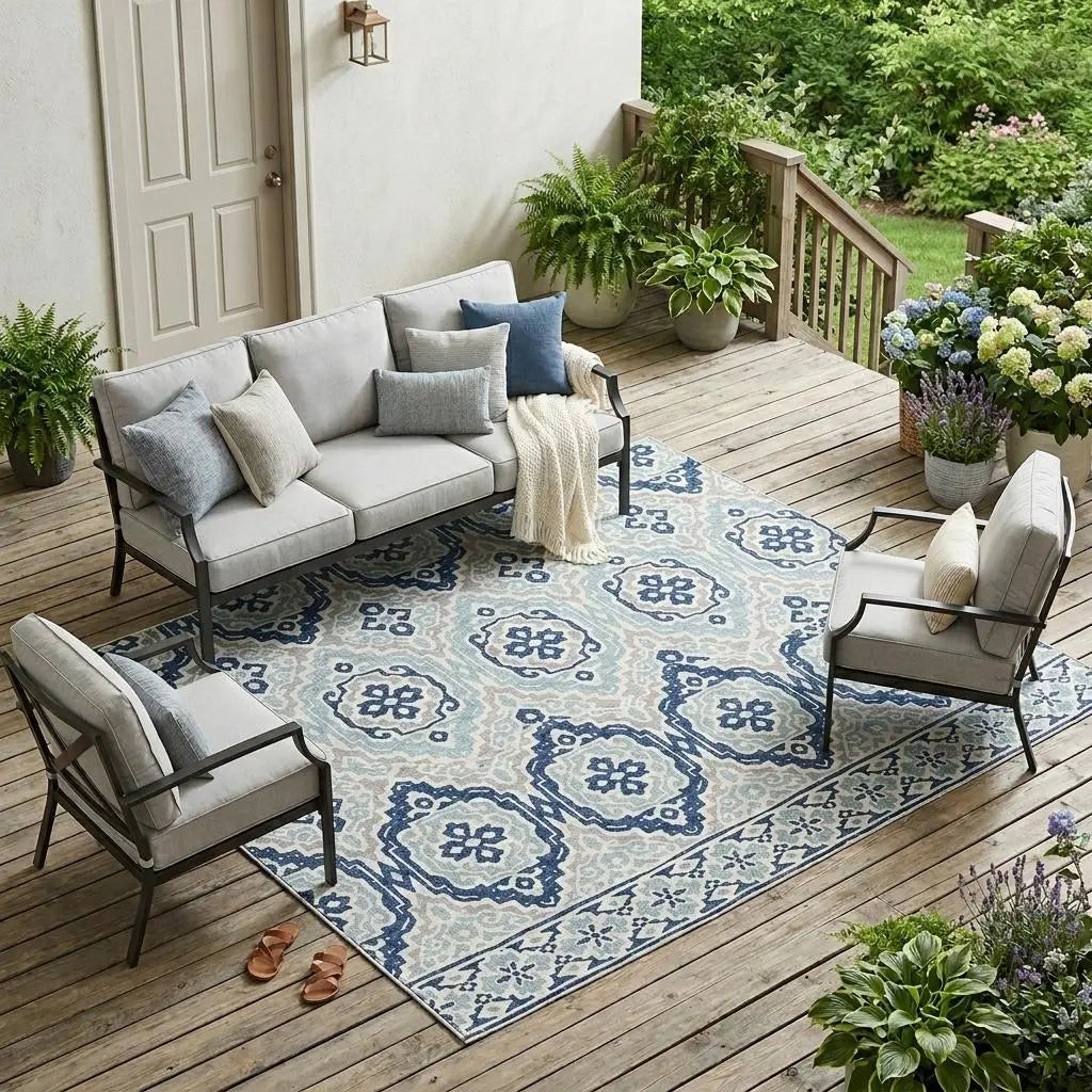 8' X 10' Navy Blue And Aqua Tribal Washable Indoor Outdoor Area Rug Homeroots Outdoor