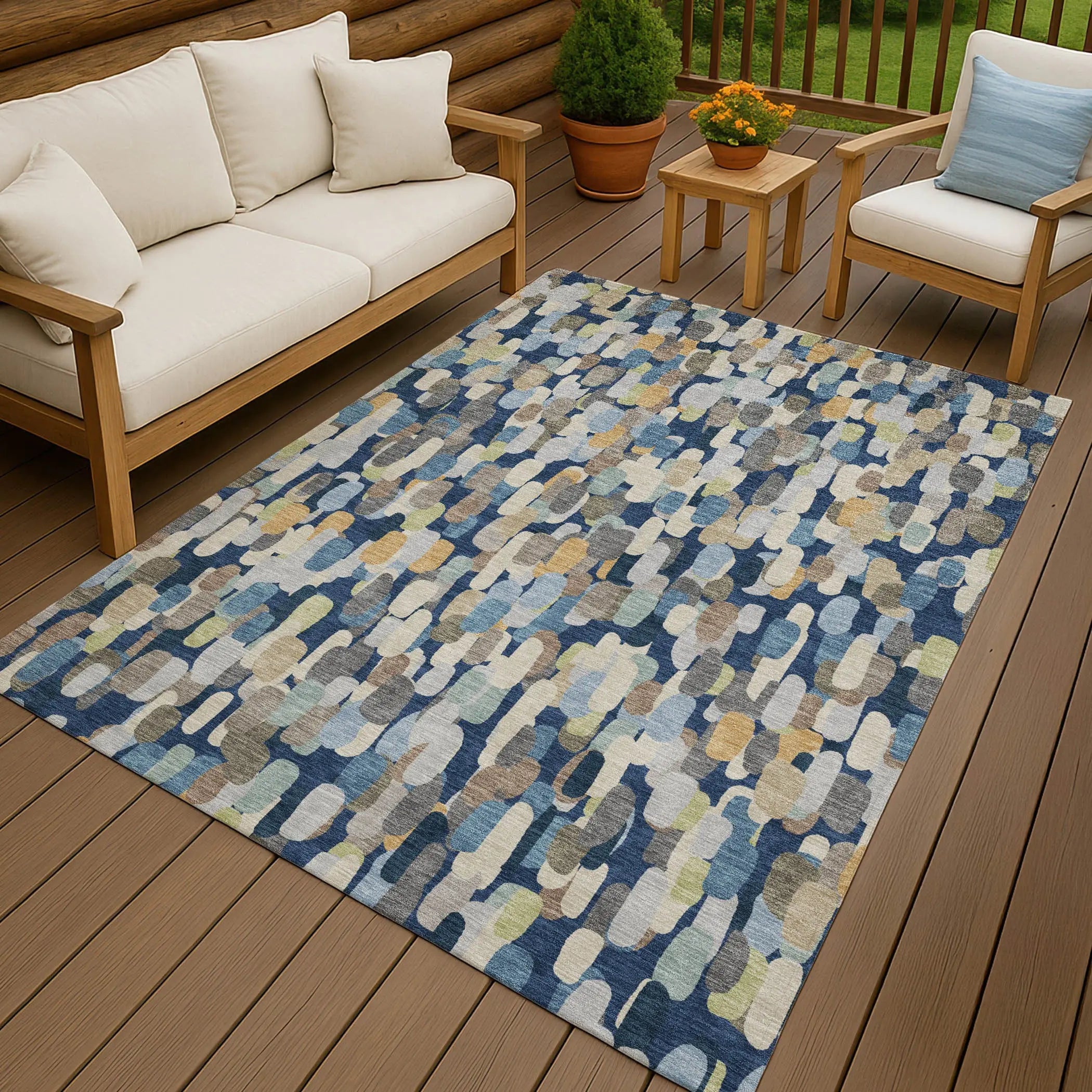 8' X 10' Navy Blue And Beige Abstract Washable Indoor Outdoor Area Rug Homeroots Outdoor
