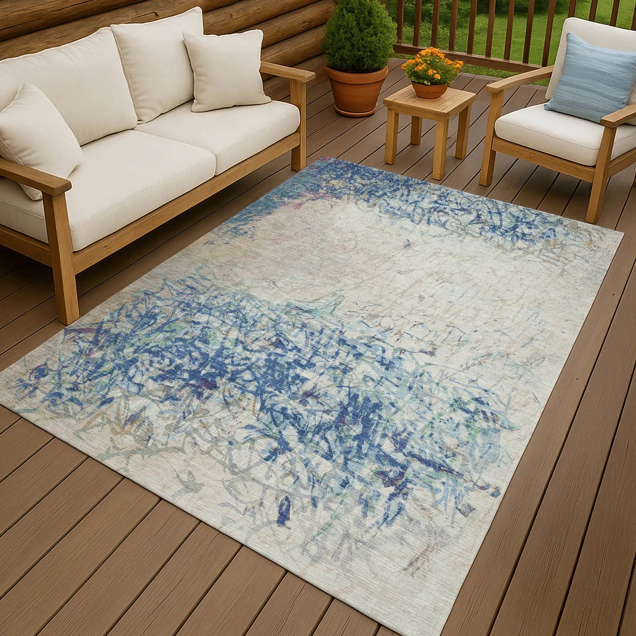 8' X 10' Navy Blue And Beige Abstract Washable Indoor Outdoor Area Rug Homeroots Outdoor