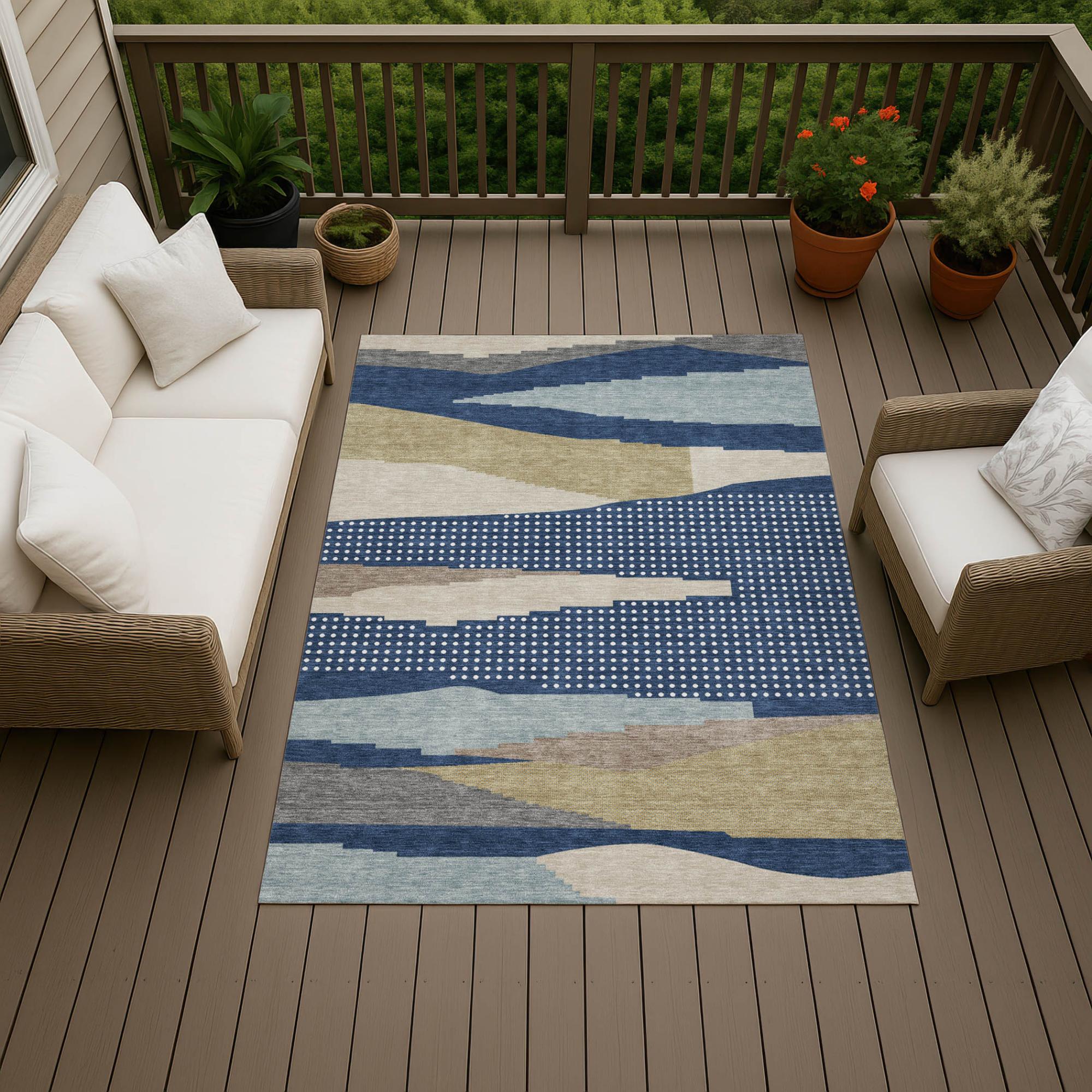8' X 10' Navy Blue And Blue Abstract Washable Indoor Outdoor Area Rug Homeroots Outdoor