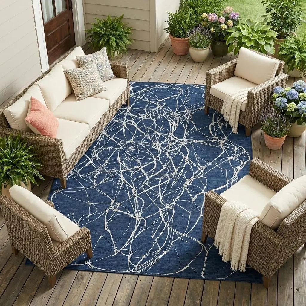 8' X 10' Navy Blue And Blue Abstract Washable Indoor Outdoor Area Rug Homeroots Outdoor