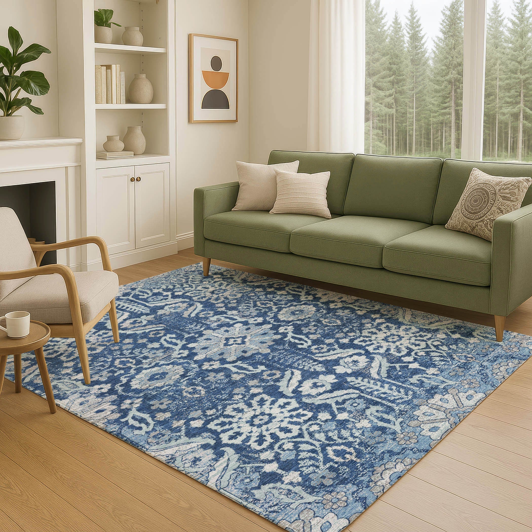 8' X 10' Navy Blue And Blue Damask Washable Indoor Outdoor Area Rug Homeroots Outdoor