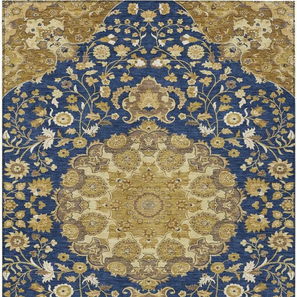 8' X 10' Navy Blue And Blue Damask Washable Indoor Outdoor Area Rug Homeroots Outdoor