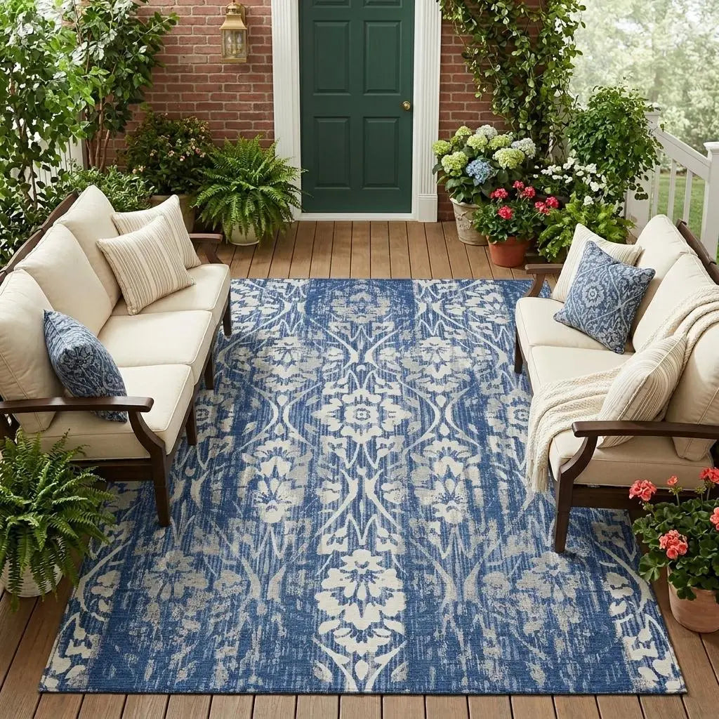8' X 10' Navy Blue And Blue Damask Washable Indoor Outdoor Area Rug Homeroots Outdoor