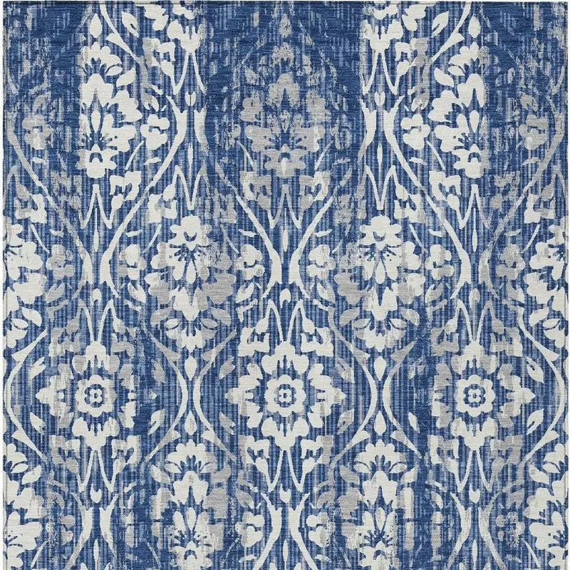 8' X 10' Navy Blue And Blue Damask Washable Indoor Outdoor Area Rug Homeroots Outdoor