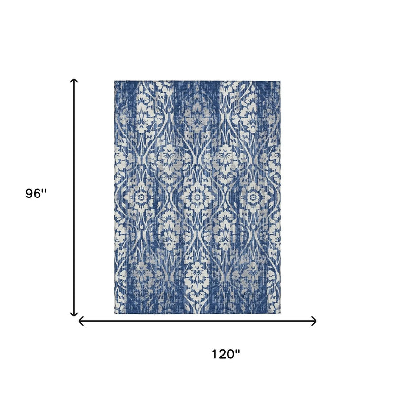 8' X 10' Navy Blue And Blue Damask Washable Indoor Outdoor Area Rug Homeroots Outdoor