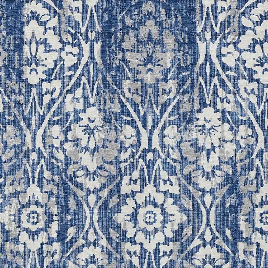 8' X 10' Navy Blue And Blue Damask Washable Indoor Outdoor Area Rug Homeroots Outdoor