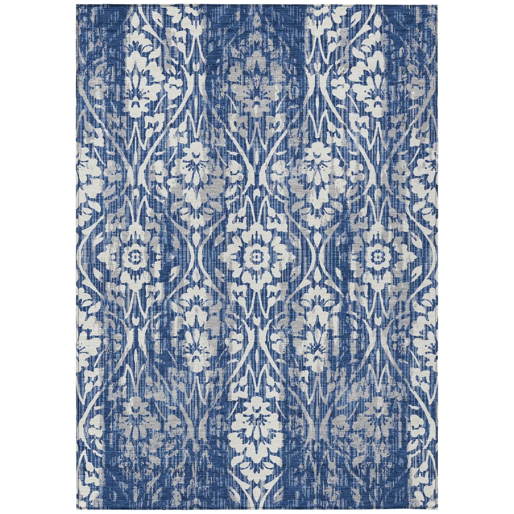 8' X 10' Navy Blue And Blue Damask Washable Indoor Outdoor Area Rug Homeroots Outdoor