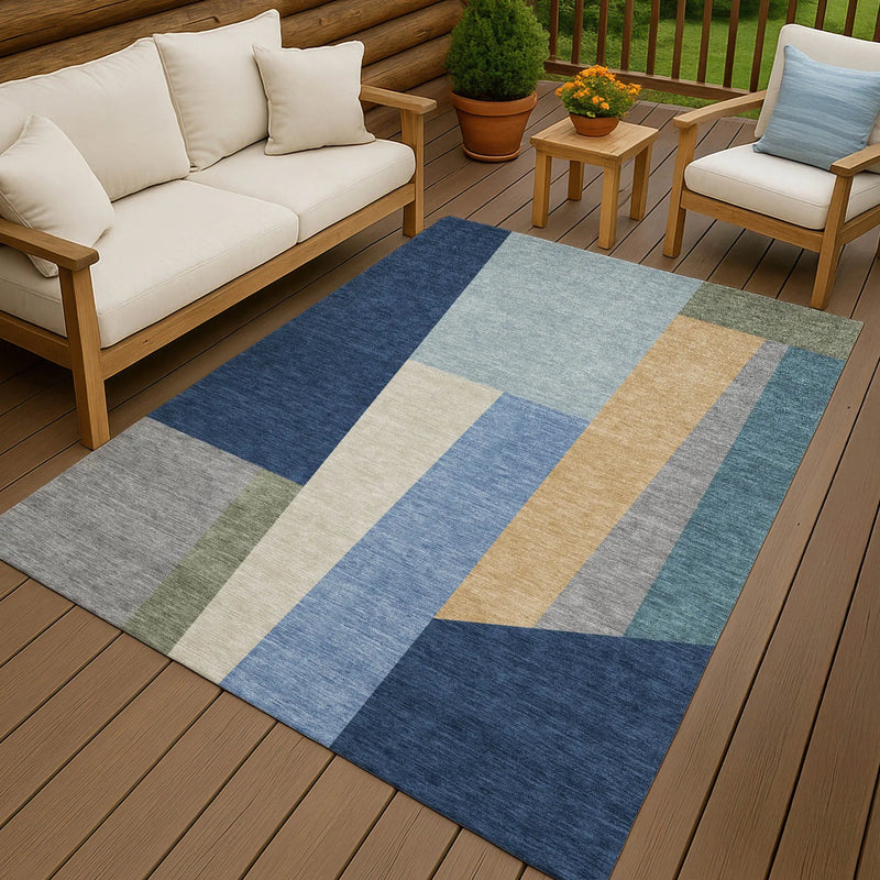 8' X 10' Navy Blue And Blue Geometric Washable Indoor Outdoor Area Rug Homeroots Outdoor