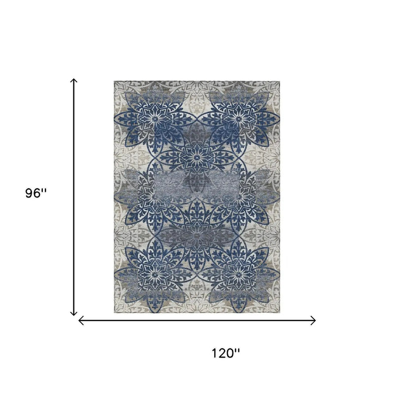 8' X 10' Navy Blue And Blue Oriental Washable Indoor Outdoor Area Rug Homeroots Outdoor