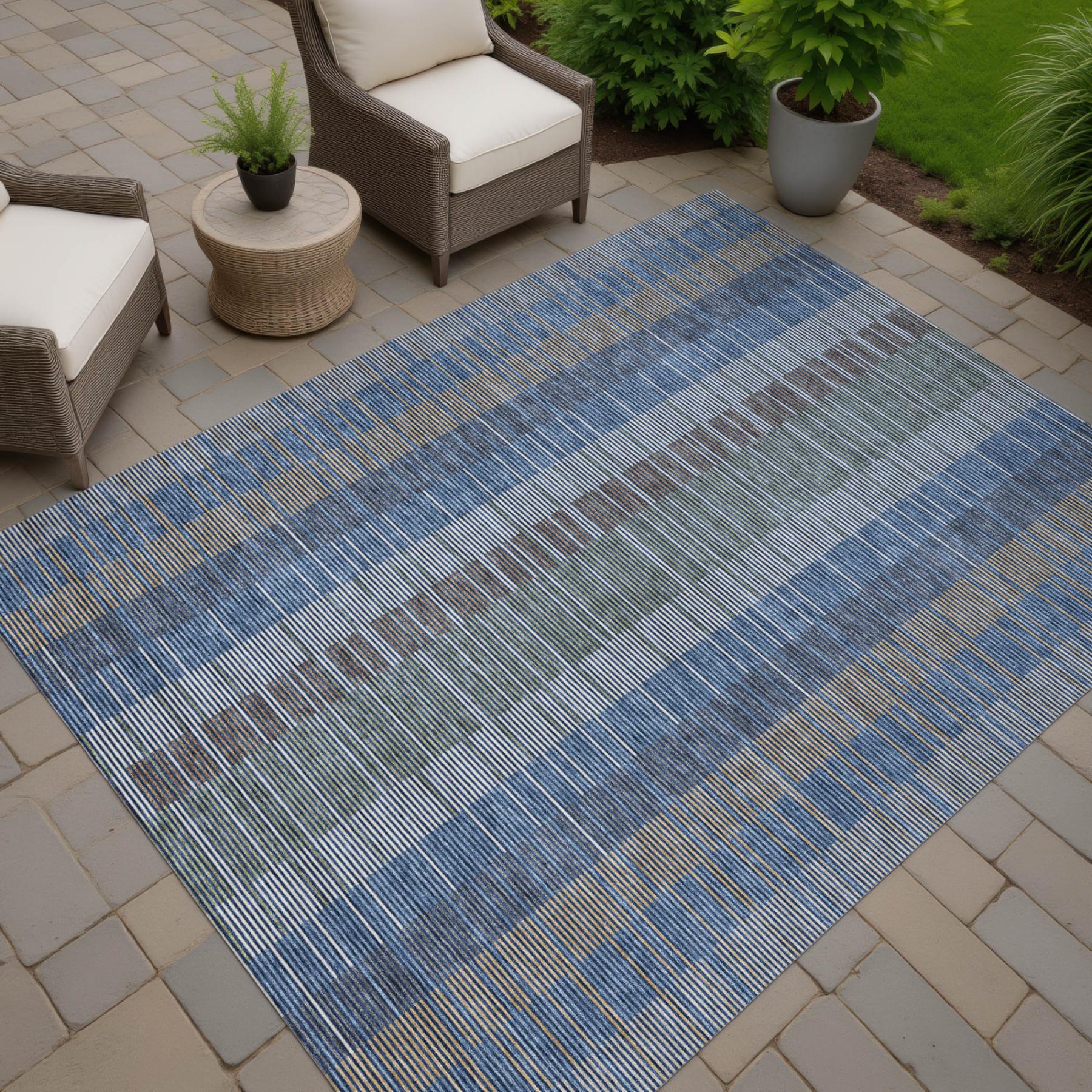 8' X 10' Navy Blue And Blue Striped Washable Indoor Outdoor Area Rug Homeroots Outdoor