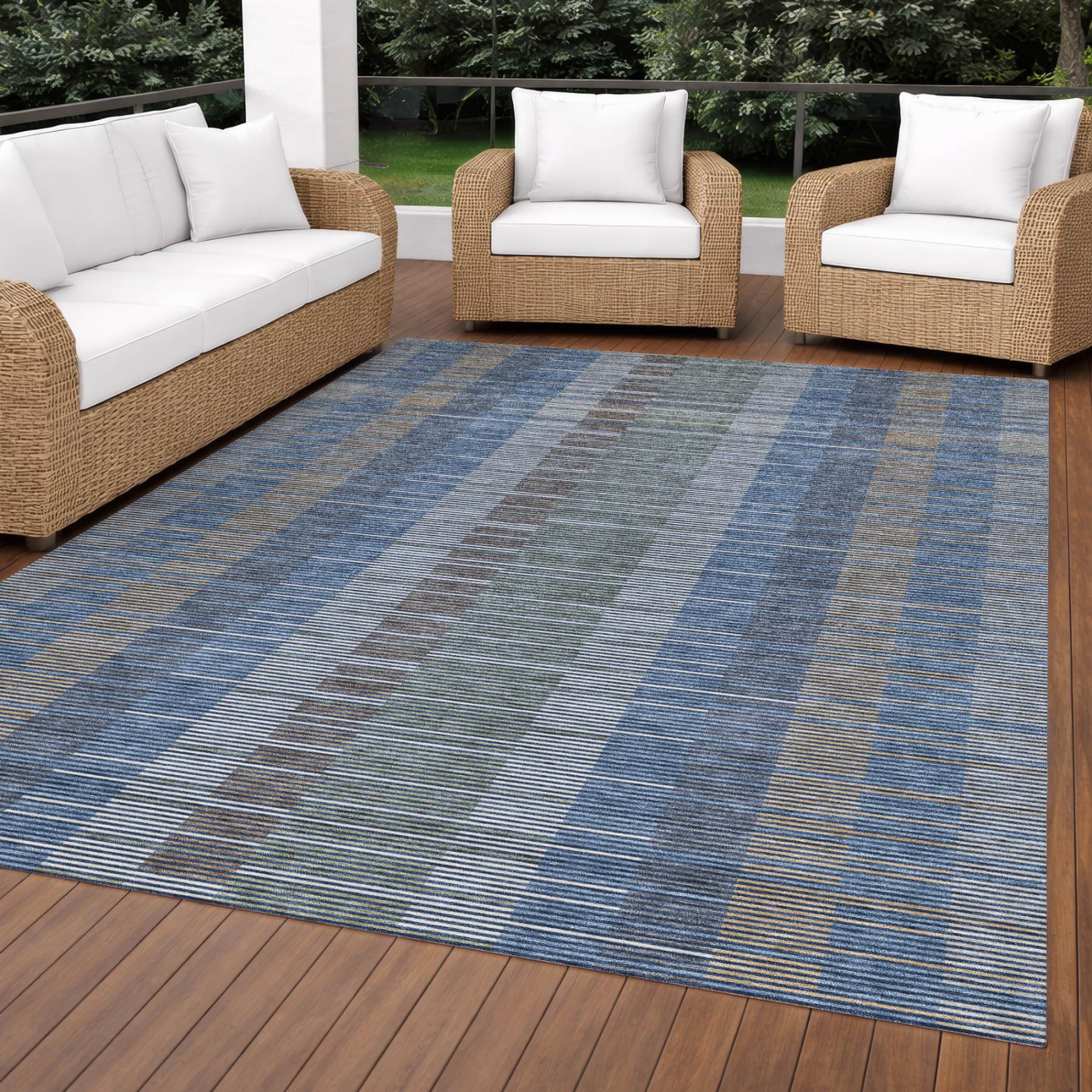 8' X 10' Navy Blue And Blue Striped Washable Indoor Outdoor Area Rug Homeroots Outdoor