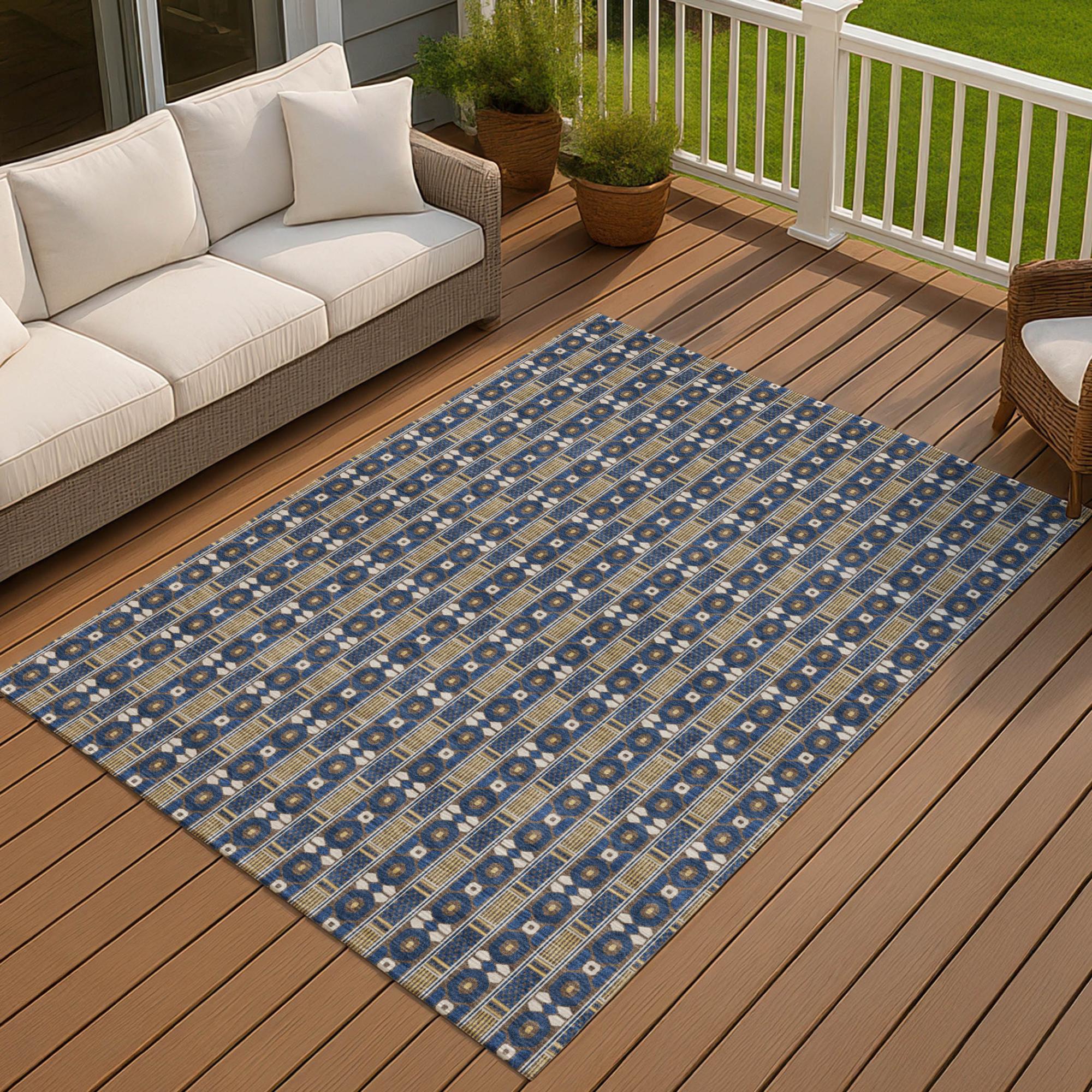 8' X 10' Navy Blue And Blue Striped Washable Indoor Outdoor Area Rug Homeroots Outdoor