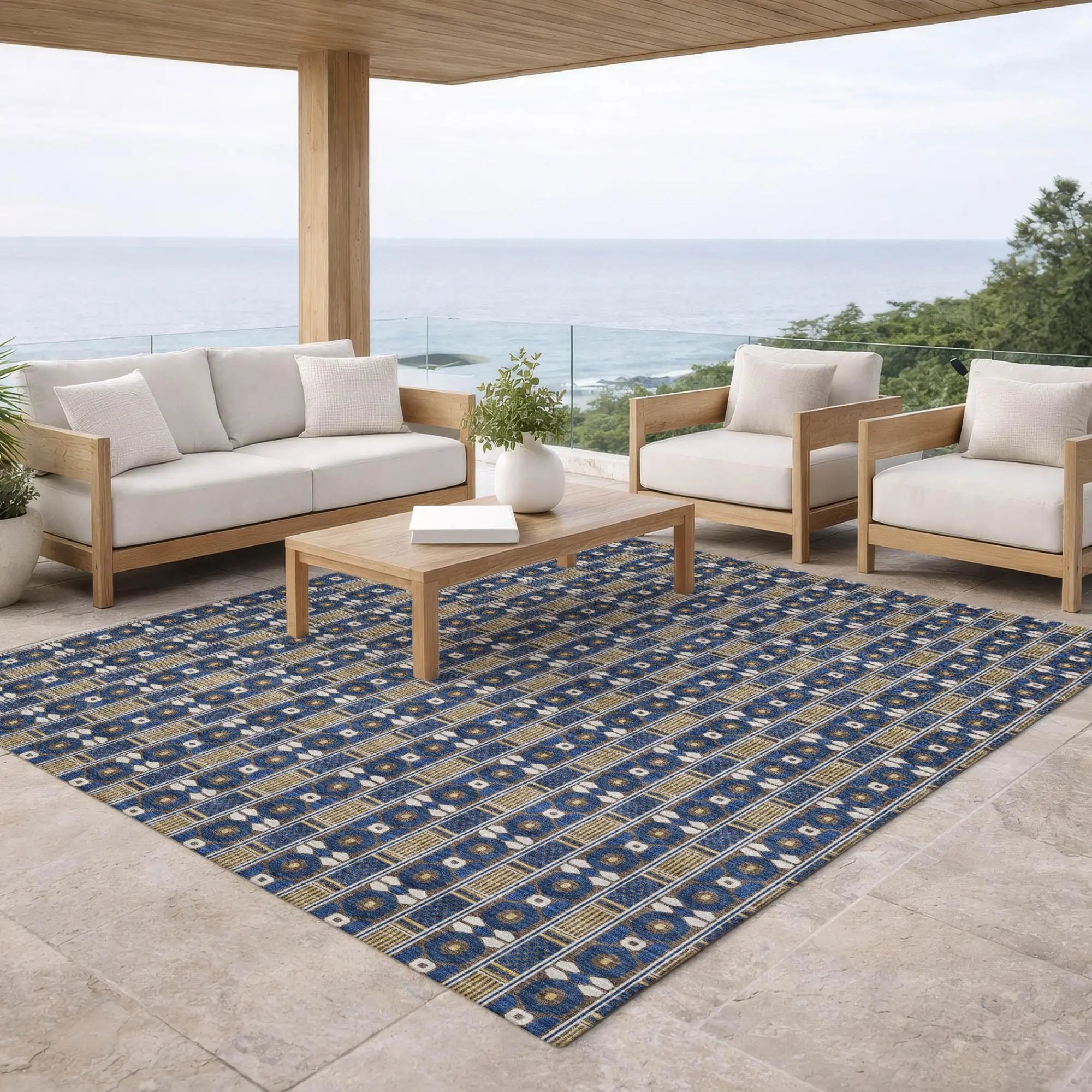 8' X 10' Navy Blue And Blue Striped Washable Indoor Outdoor Area Rug Homeroots Outdoor