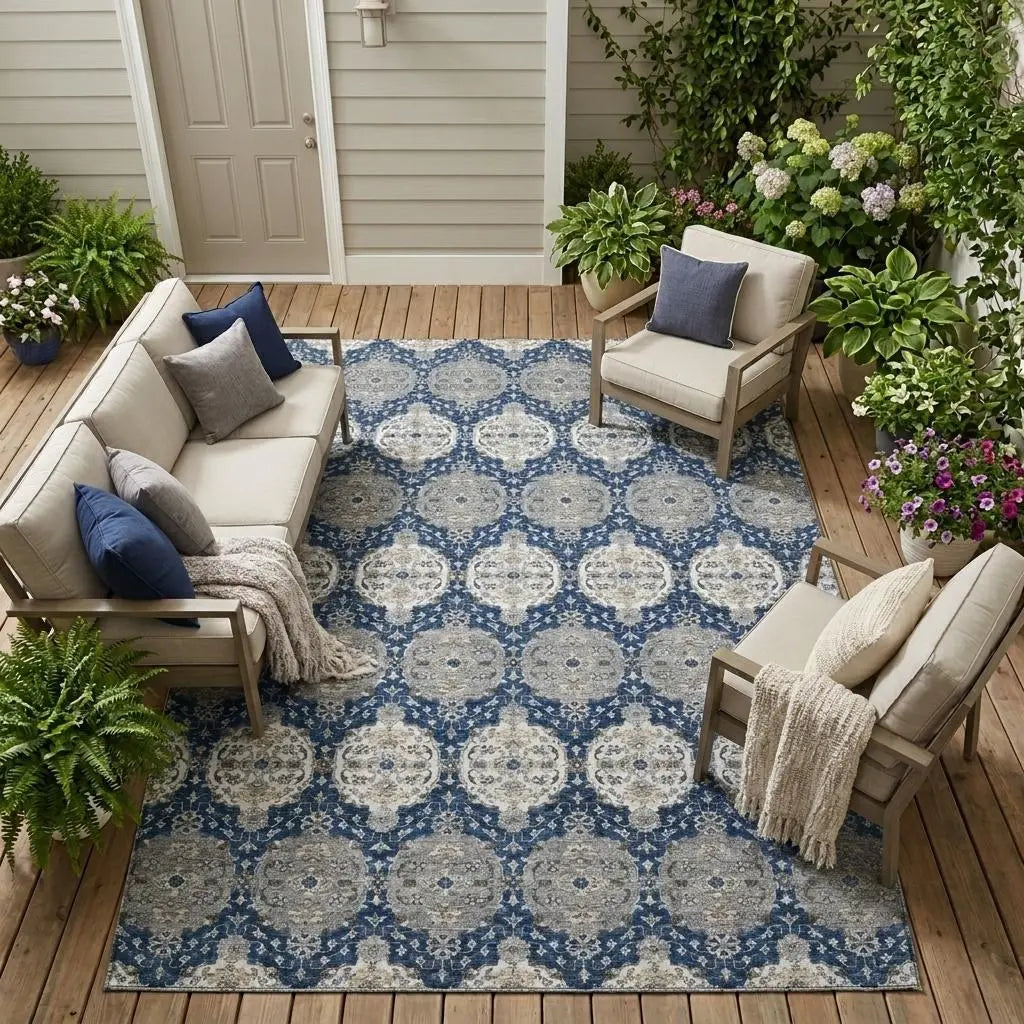 8' X 10' Navy Blue And Blue Striped Washable Indoor Outdoor Area Rug Homeroots Outdoor