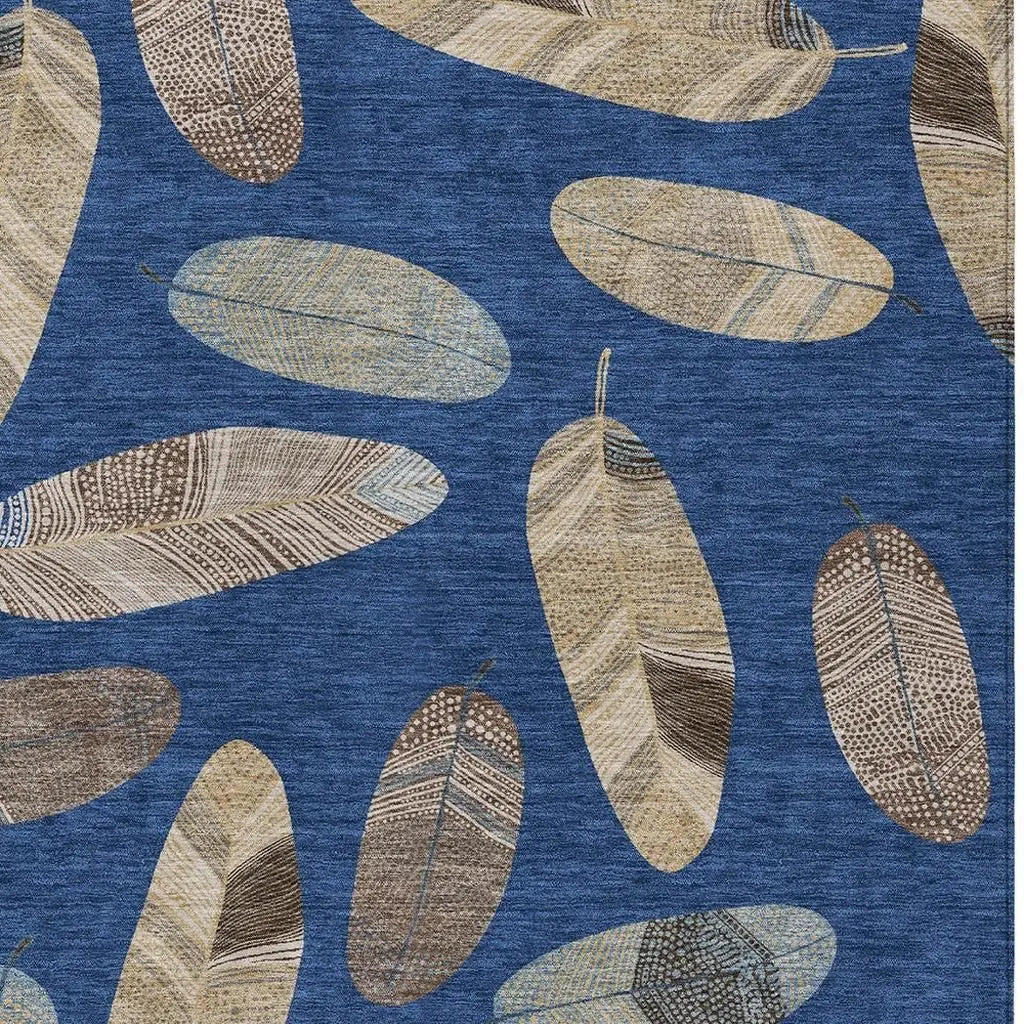 8' X 10' Navy Blue And Brown Botanical Leaves Washable Indoor Outdoor Area Rug Homeroots Outdoor