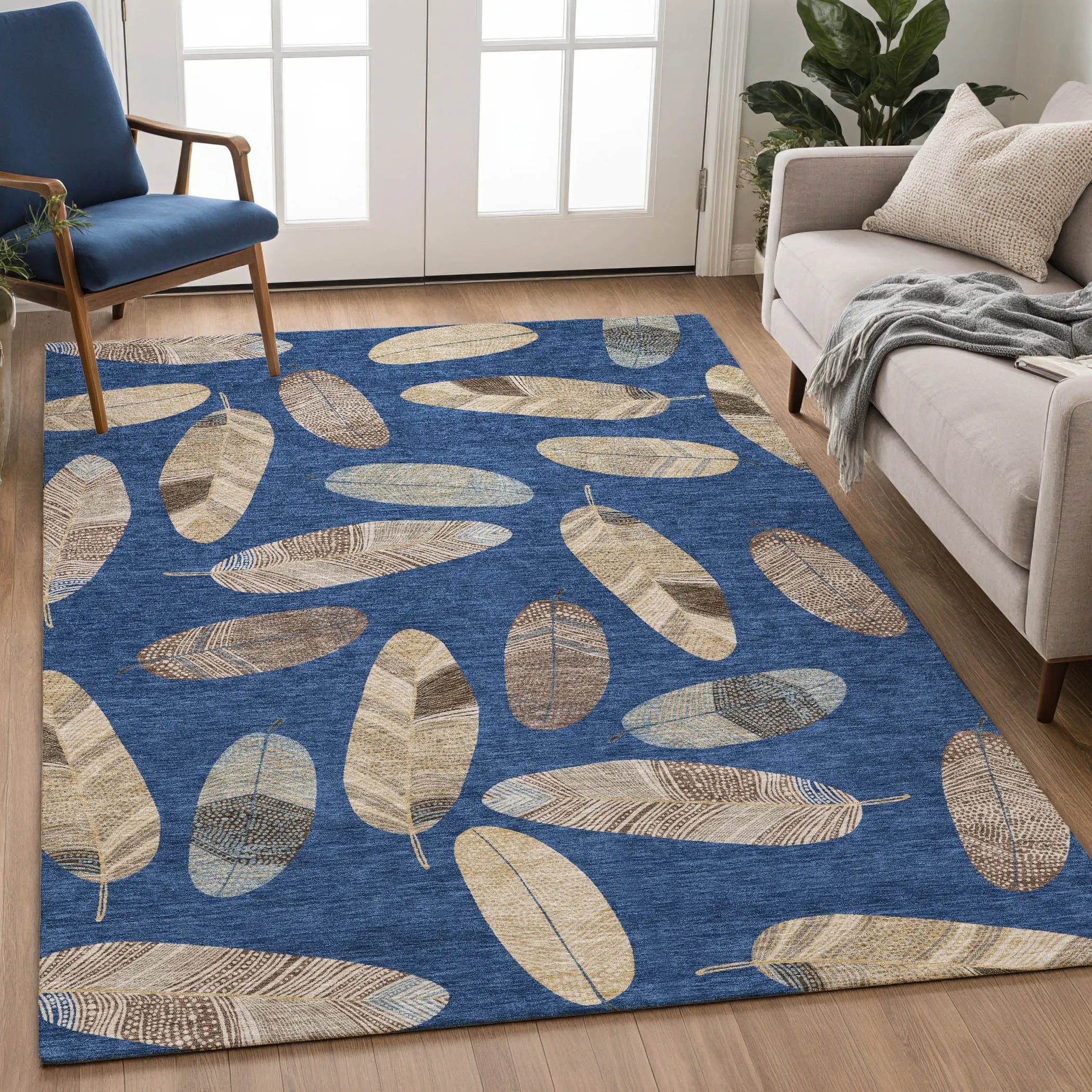 8' X 10' Navy Blue And Brown Botanical Leaves Washable Indoor Outdoor Area Rug Homeroots Outdoor