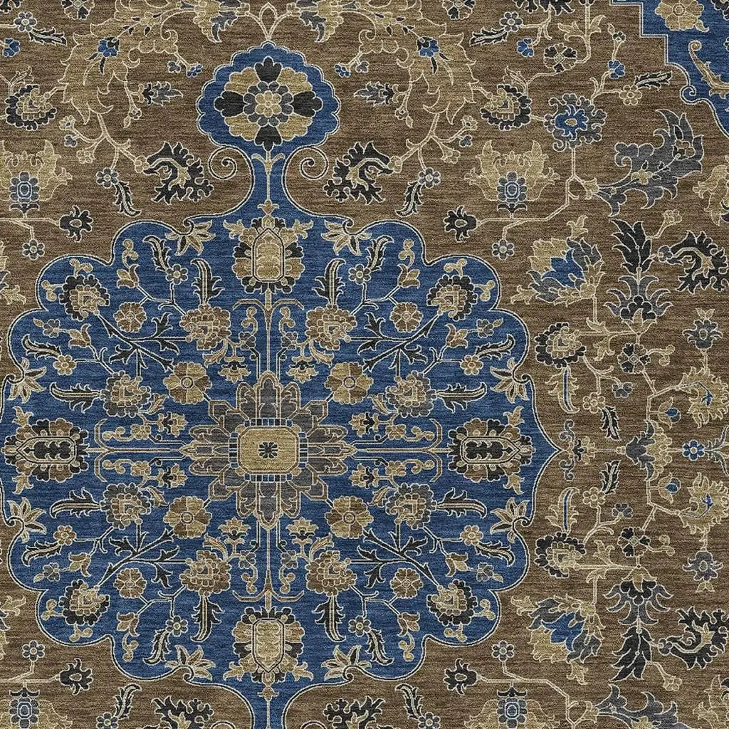 8' X 10' Navy Blue And Brown Floral Medallion Washable Indoor Outdoor Area Rug Homeroots Outdoor