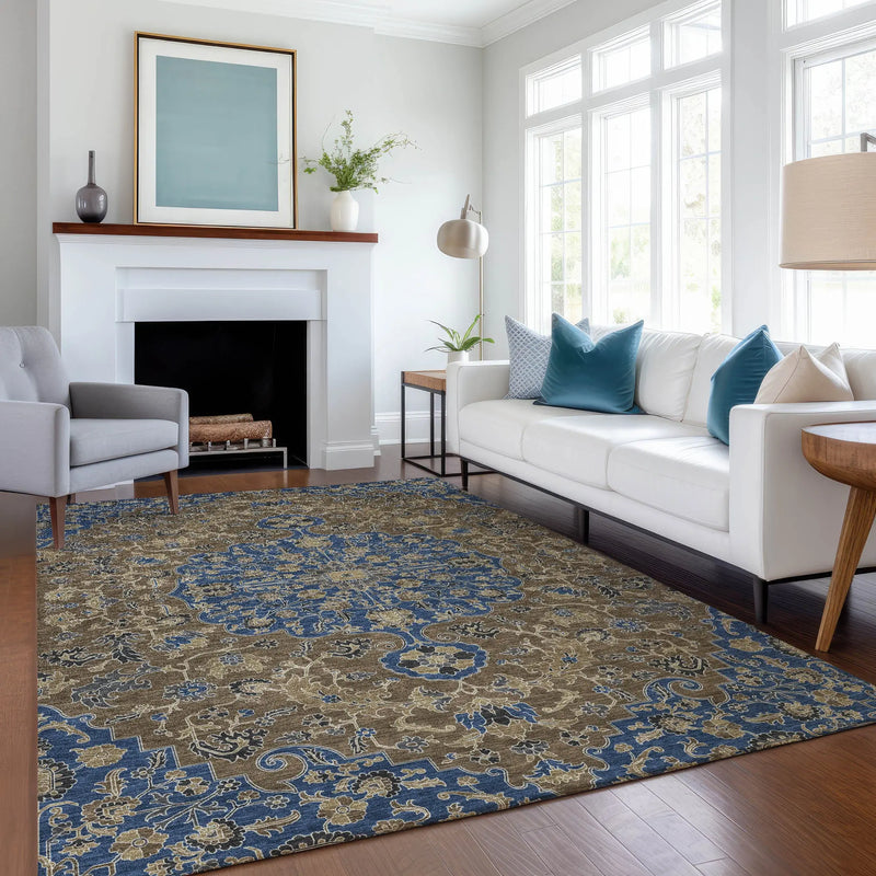 8' X 10' Navy Blue And Brown Floral Medallion Washable Indoor Outdoor Area Rug Homeroots Outdoor