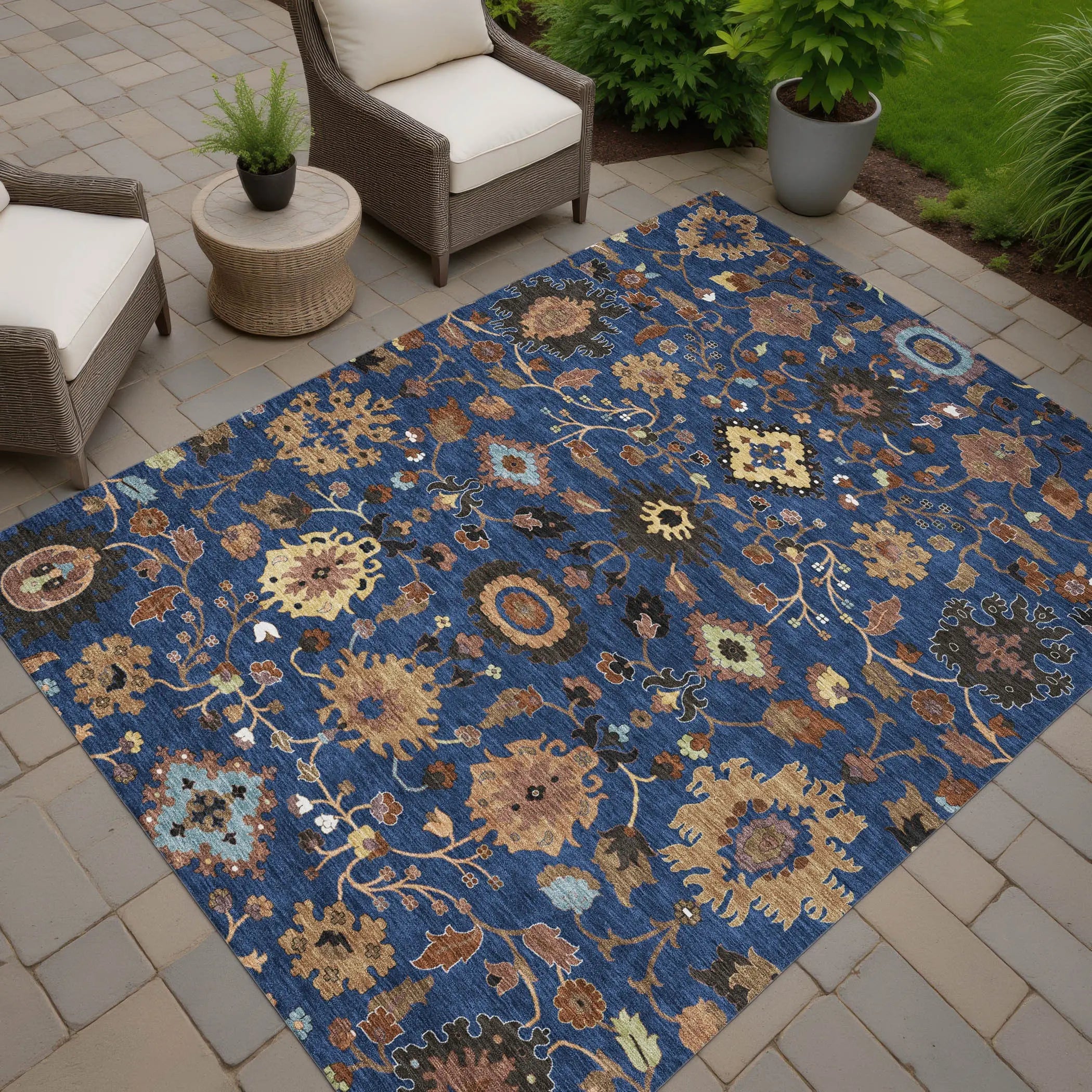 8' X 10' Navy Blue And Copper Floral Medallion Washable Indoor Outdoor Area Rug Homeroots Outdoor