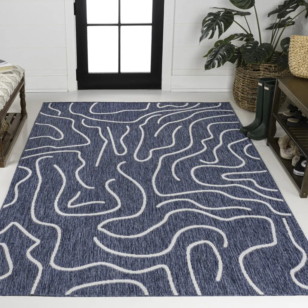 8' X 10' Navy Blue And Cream Abstract Indoor Outdoor Area Rug Homeroots Outdoor