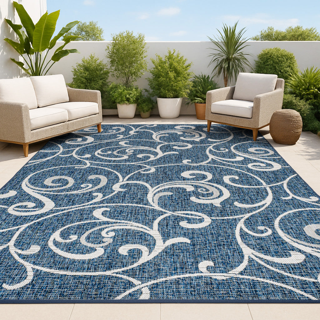 8' X 10' Navy Blue And Cream Floral Indoor Outdoor Area Rug - GreatEagleInc
