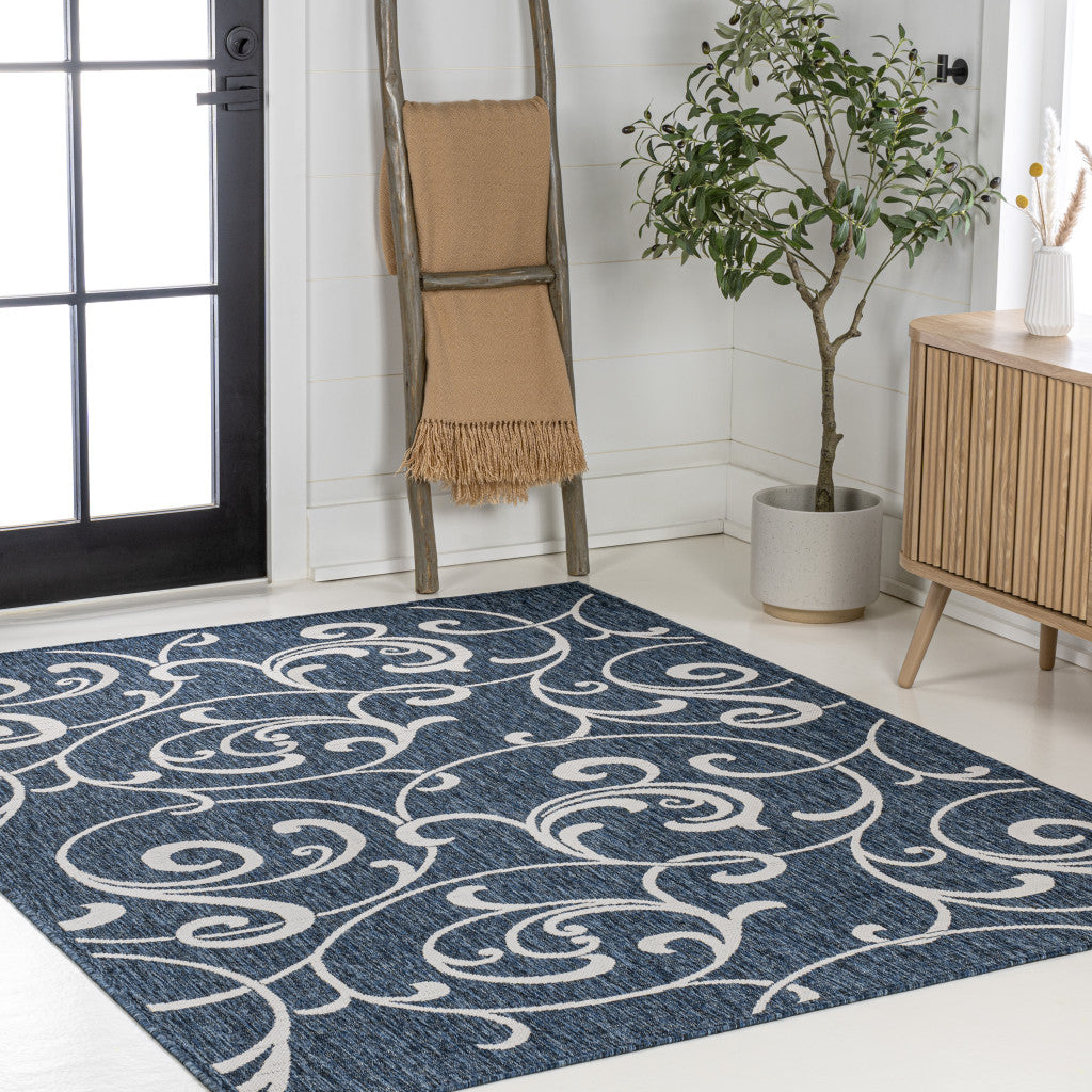8' X 10' Navy Blue And Cream Floral Indoor Outdoor Area Rug - GreatEagleInc
